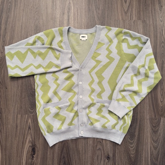 Obey Knit Grandpa Cardigan Blue Green Geometric Sweater Men's Medium.small Stain - Picture 2 of 6